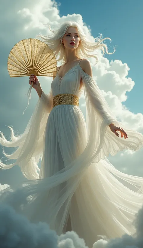 A realistic and mystical depiction of a female wind deity (A womans wind god). She is portrayed as an elegant and powerful woman with flowing hair and dressed in delicate, wind-like robes that appear to be made of clouds and air. She wields a large, ornate...