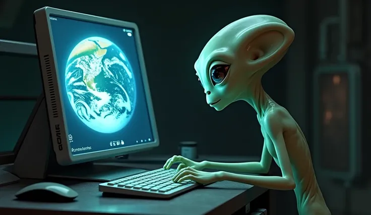 alien see computer and they see earth planet