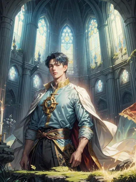 undefined, there is a man that is standing in a room with a stained glass window, epic light novel cover art, anime art nouveau cosmic display, anime fantasy illustration, god. dramatic gold blue lighting, epic light novel art cover, light novel cover art,...