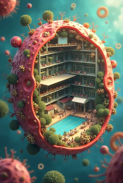  creates an image where the animal cell is shaped like a school with a swimming pool, Classes,  address , Classes, Chanchas , auditorium, dining rooms 