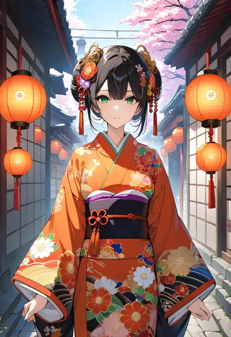 masterpiece, Highest quality, Super detailed, Detailed eyes, Upper Body Shot, Long characters, Decorated with colorful flowers and traditional hair ornaments、Intricately styled black hair. Characters、She is wearing a detailed kimono with vibrant orange flo...