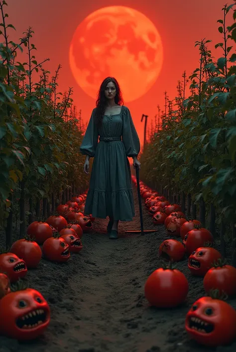 " A tomato plantation at dusk , with a blood-red sky .  The plants are twisted in an unnatural way ,  with some fruits showing deformed human faces and expressions of agony. In the background,  a female figure in old clothes ,  holding a sickle,  walks slo...