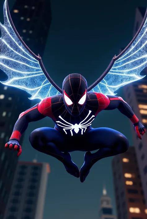 Spider man, flying, wings made up of spider web, neon lights on suit, night time, face, realistic, full body, superhero pose, black suit, new suit, high resolution, best quality, highly detailed, skin detail, realistic, masterpiece, indian, indian dress, d...