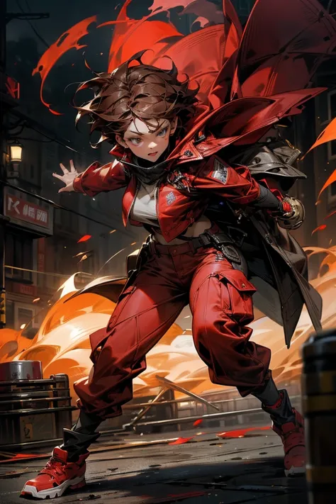 woman、 anatomically correct、 detailed eyes 、 short hair、 brown hair、 red mod coat 、 red shirt、Red cargo pants 、 red trekking shoes、 emits a large amount of fire from the body 、Brass knuckles、 street、Sprinting、Night city in the background、gigantic sagging b...