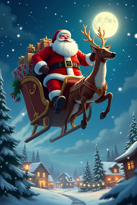 
2. サンタクロースとトナカイのイラスト

"A jolly Santa Claus in his red suit, with a large sack of gifts, riding a sleigh pulled by reindeer through a snowy night sky. The moon is shining bright, and the stars twinkle. The sleigh is flying over a small village with Christm...