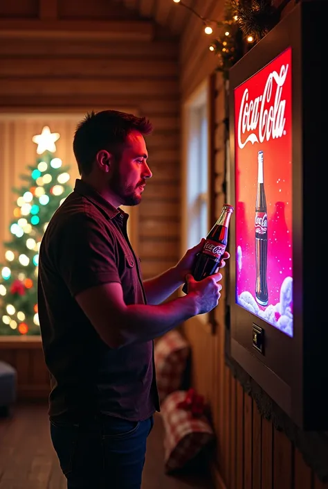 a man places a Coca-Cola bottle in the slot.  slot The lights in the cabin start to flash in Christmas colors.