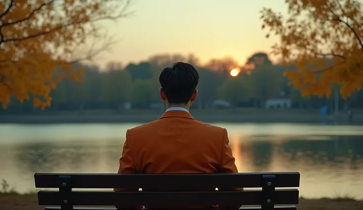 
Handsome Korean guy sitting on a park bench under a tree, wearing an orange suit, hair parted and slicked back, solid figure, sad face, Lakeside space with a few yellow branches , at dusk, high definition, Cinematic lighting, realistic scenery