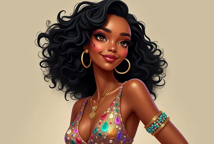  Hadiya is an   with crisp curly hair  ( medium length ) of black color,  bright jabuticaba-colored eyes ,  her skin is black and she loves to wear gold-colored accessories ,  wears a medium hoop earring matching her hair ,  she wears a gold bracelet and a...