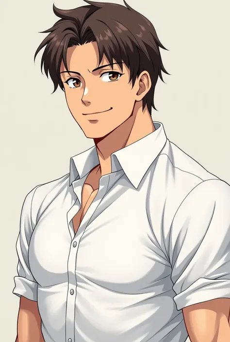 in anime.  A man with dark brown hair and brown eyes,  He wore a white shirt , Is it possible to see his muscles .  He has a smile and a proud look . 