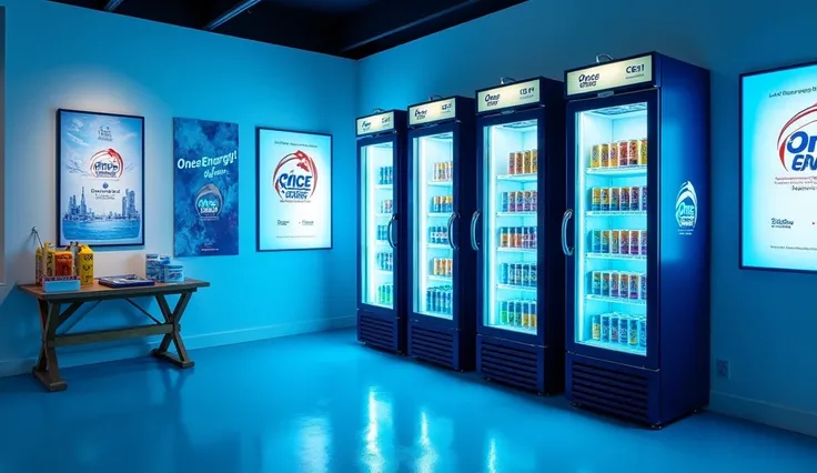  a promotional advertisement with cans inside refrigerators with colored glass doors and shades of blue of the brand "Once Energy " and also posters and posters all this with the name of Once Energy  