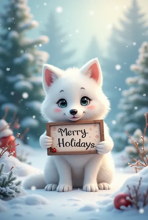 Cute and cute white wolf holding a sign on a snowy background at Christmas