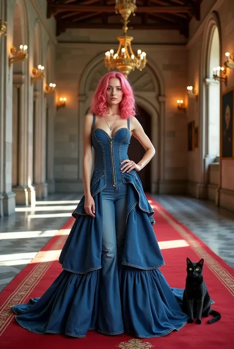 **a young Gen-Z woman with vibrant pink hair styled in elegant curls, stands confidently in a grand medieval-style castle hall. She is dressed in a striking, custom all-denim gown with a fitted bodice featuring corset-like stitching and a dramatic, flowing...