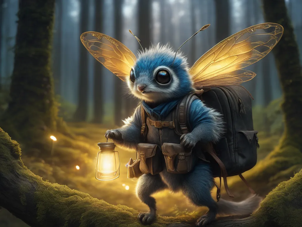 illustration of a little magical cute forest creature. the creature has a backpack that looks like a firefly with wings. fantasy...