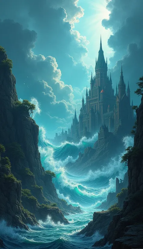 A serene scene of Atlantis under a sunny sky suddenly turns chaotic: dark clouds gather, and waves rise violently. Massive tidal waves crash into the city, flooding streets and destroying buildings.