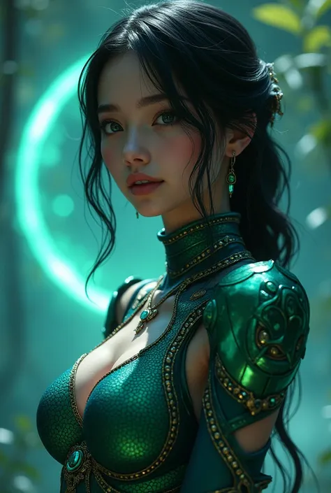 (1 stunning teenage half Arabian and Japanese girl:1.2),(wears shining indigo blue and Jade green bodysuit with beautiful fractal design:1.5),(She wears gauntlets with a detailed and very beautiful design decorated with jewels:1.6), ((She is showing her ar...