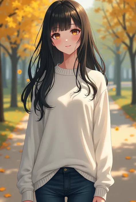 Actual item。 beautiful girl、 fair and symmetrical eyes 、 perfect face、Black long hair、 wear a white sweater 、DARK JEANS 、 yellow converse sneakers、In the park、 super detailed、 full body image 、 single eyelid、With bangs、Innocent and good smile 、Squint your ...