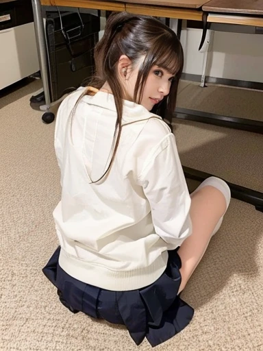 (nsfw),Backwards, Look back, back, Butt, Student Uniform,(Sit at a desk),No makeup,High resolution,Professional photos,High resolution,Small breasts,slim, Sit on a desk, Open your legs and show your panties,School classroom, Wearing white panties, a girl i...