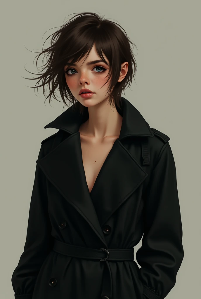  1 girl , wheat skin, mole at lip level , wearingA black trench coat on naked body, large eyes, short brown shaggy disheveled of wind hair