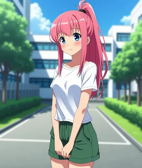  A 17-year-old anime lady , anime To love ru,  soft lighting ,  Standing on a path near a basketball court outside a white school with blue tinted windows with trees and shrubs and green grass in the city of Tokyo, During the afternoon, she measures 1, 70 ...