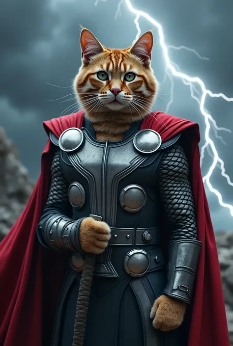 An ultra-realistic, highly detailed 4K image of a majestic cat dressed in Thor-inspired attire. The cat wears a silver and black armor adorned with circular metallic plates, a red flowing cape billowing in the wind, and a miniature version of Thors hammer ...