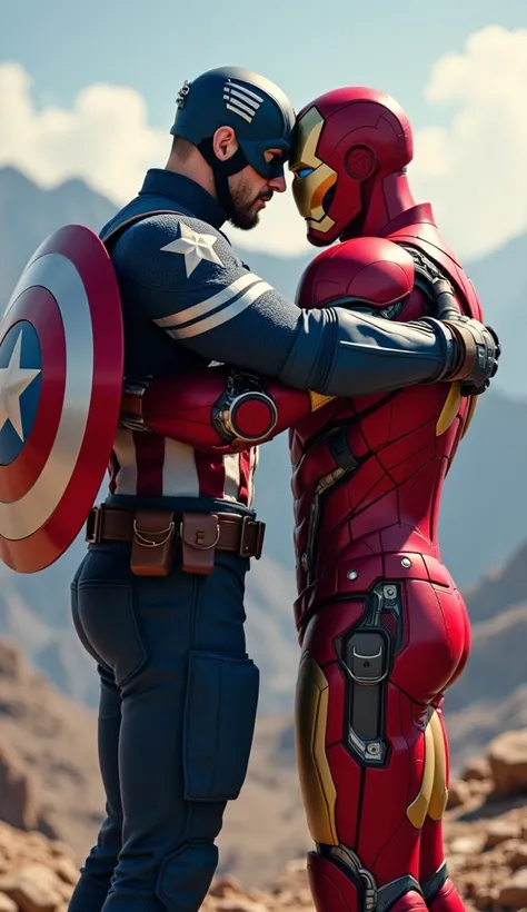 captain america and ironman hugging eachother