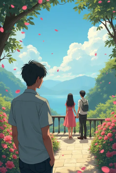 Longshoot , The image of a man who is sad ,because he was dumped by a beautiful woman who is holding hands with another man in a very beautiful and romantic place,anime , manga