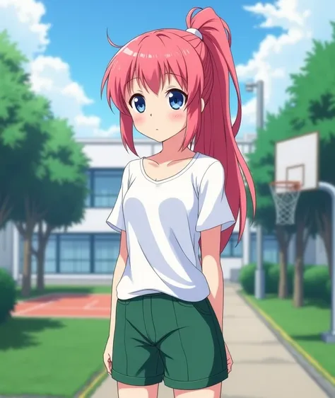  A 17-year-old anime lady , anime To love ru,  soft lighting , Standing slightly sloped on a path near a basketball court outside a white school with blue tinted windows with trees and shrubs and green grass in the city of Tokyo, During the afternoon, she ...