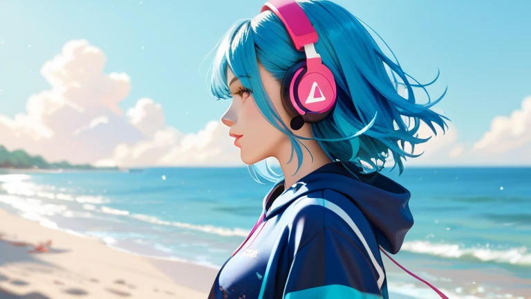 Blue-haired woman, wearing headphones, profile, walking on the beach,