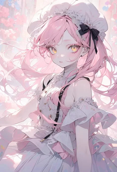 magazine model, anime girl with pastel pink hair, yellow eyes, pale skin, fine and soft features 