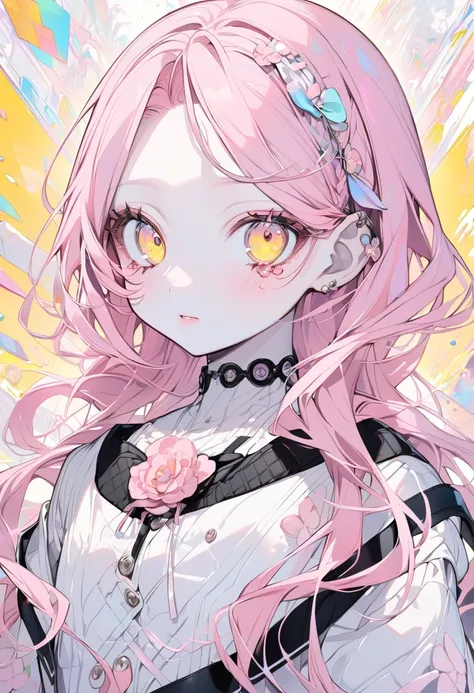 magazine model, anime girl with pastel pink hair, yellow eyes, pale skin, fine and soft features 