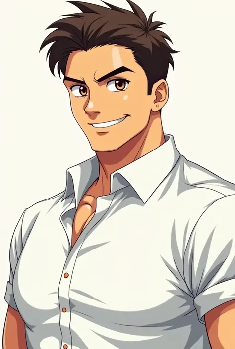 in anime.  A man with dark brown hair and brown eyes,  He wore a white shirt , Is it possible to see his muscles .  He has a smile and a proud look . 