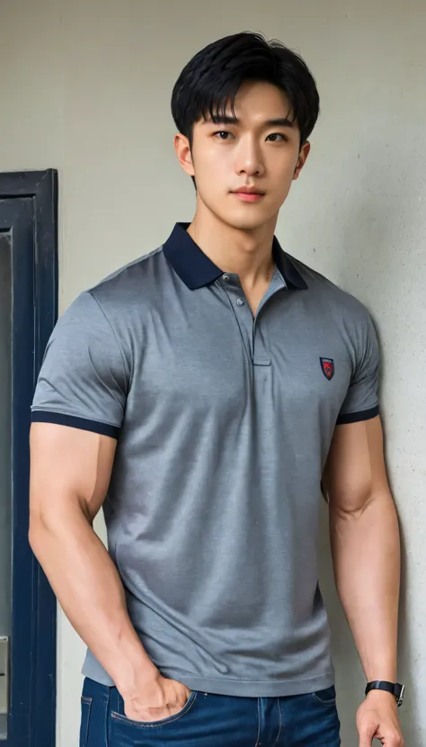   1boy, orimale ,Orimura ,  bright eyes  , Short Hairstyle , Handsome man ,Have muscles,blood vessel,Broad shoulders, Wearing a grey short-sleeved polo shirt without a logo and jeans in the police station