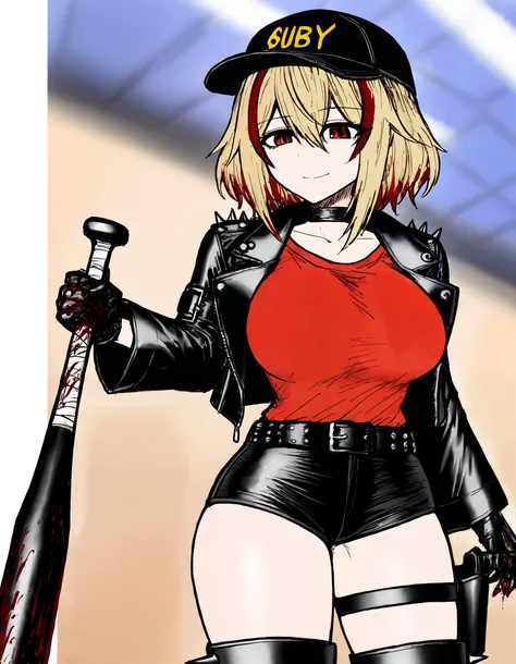 (masterpiece), best quality, 1girl, perfect face,curvy body,Roon,big breasts,wide hips,pretty eyes,choker,red eyes, between eyes , cowboy shot, standing, blonde_hair, short_hair, streaked_hair, smile,bob hair, bangs, black shorts, leather belt,tactal glove...