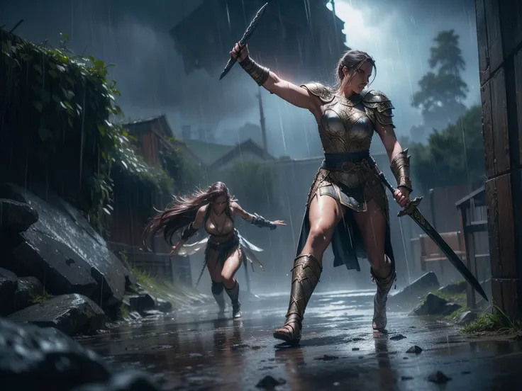 woman and a man in a gladiator outfit, standing in the rain, wet clothes and hair, holding a sword, Fighting pose, hyper realistic, 8k, cinematic lighting, dramatic pose, cinematic atmosphere, (realistic,photorealistic,photo-realistic:1.37) , moody colors,...