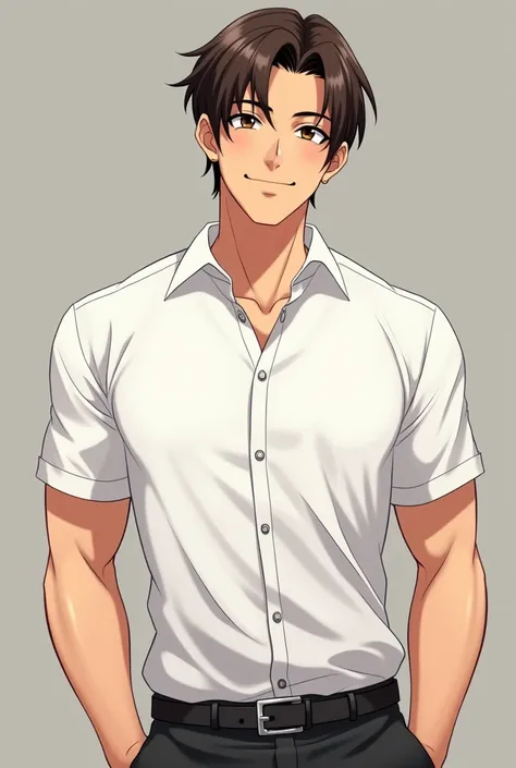 in anime. A man with smooth dark brown hair and brown eyes,  He wore a white shirt , Is it possible to see his muscles .  He has a smile and a proud look . 