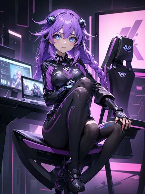 cartoon of a woman sitting in a gamer chair with headphones on, background illustrations, sitting in front of a computer, ig stu...