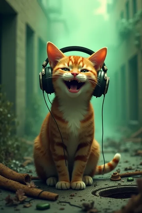 Happy cat with headphones ,  not realizing that around it there is green smoke, toxic gases and rotten drains