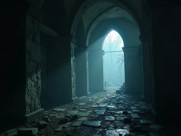 shadows. The ruins texture and the eerie light create a foreboding atmosphere. Immersive, dark fantasy with a gothic twist, blending elements of seduction, horror, and supernatural action. Focus on dramatic contrasts, eerie lighting, and a mystical, haunti...