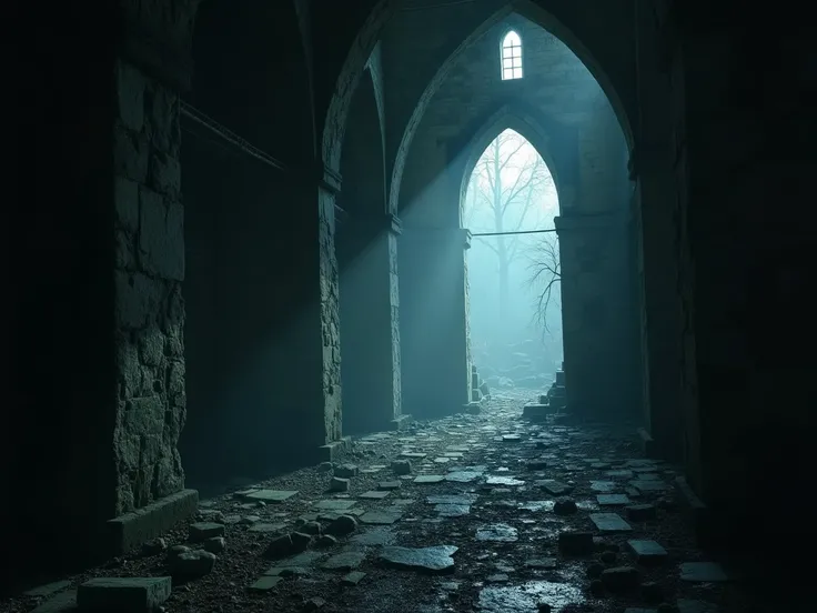 shadows. The ruins texture and the eerie light create a foreboding atmosphere. Immersive, dark fantasy with a gothic twist, blending elements of seduction, horror, and supernatural action. Focus on dramatic contrasts, eerie lighting, and a mystical, haunti...