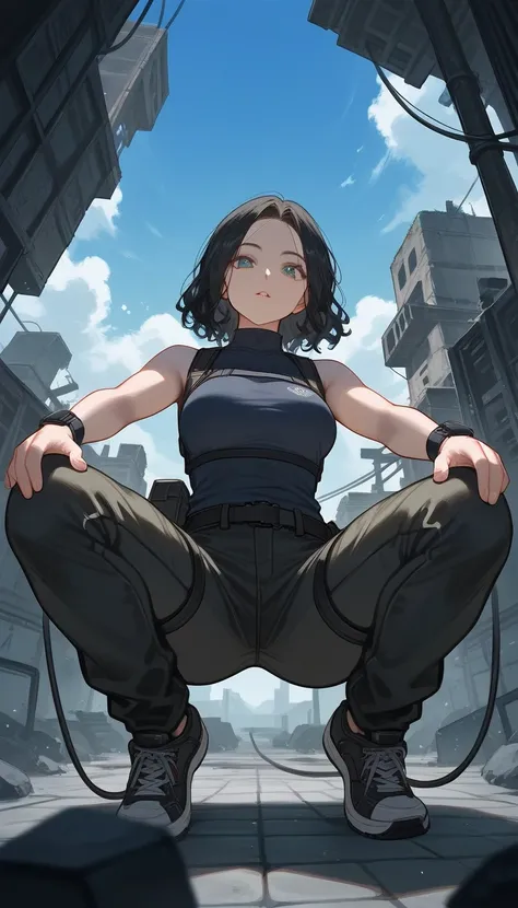 (((perspective))), from below, (((squats))), full body, thighs, wide hips, score_9, score_8_up, score_7_up, (solo), 1girl, blue eyes, wavy hair, forehead, bob hair, black hair, (((hands))), high neck sleeveless top, fingers, medium breast, sneakers, ((sexy...