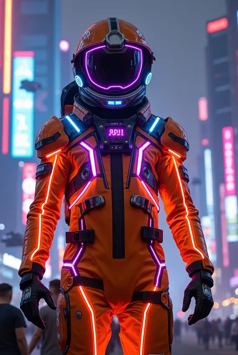 A futuristic astronaut wearing a neon orange spacesuit with cyberpunk aesthetics, standing in a high-tech cityscape illuminated by glowing neon signs and holograms. The astronauts suit features sleek, angular designs with luminous blue and purple accents, ...