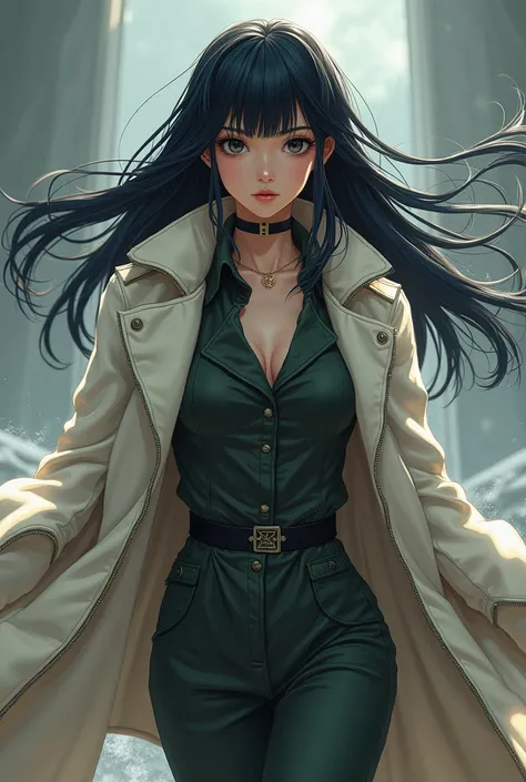 mai,dragon ball, 1girl, solo, black eyes, black hair, long hair, blunt bangs, straight hair, floating hair,zipped up white fur coat , Military outift, dragon ball artsyle, 