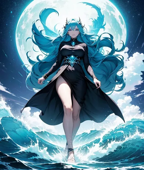 the image depicts a woman with immense powers. she has the power to manipulate the oceans and submit them to her will. she can also create immense storms and tidal waves. she stands levitating above immense waves, as high as the highest mountains. the clou...