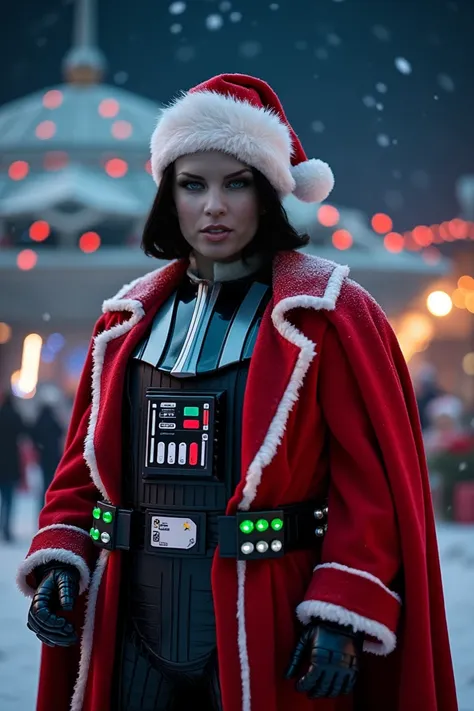 Darth Vader dressed as Santa Claus in front of a Star Wars ship with Christmas lights