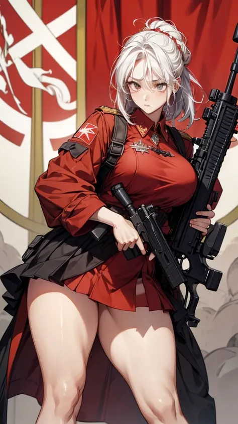 Soviet woman holding an assault rifle ，Top decorated with a red star ， dress with a hammer and sickle print， fleshy thighs ，Thick thighs ，Big round breasts， with huge breasts ，  perfect figure under the Soviet flag , Her eyes, Full of determination, Her ha...