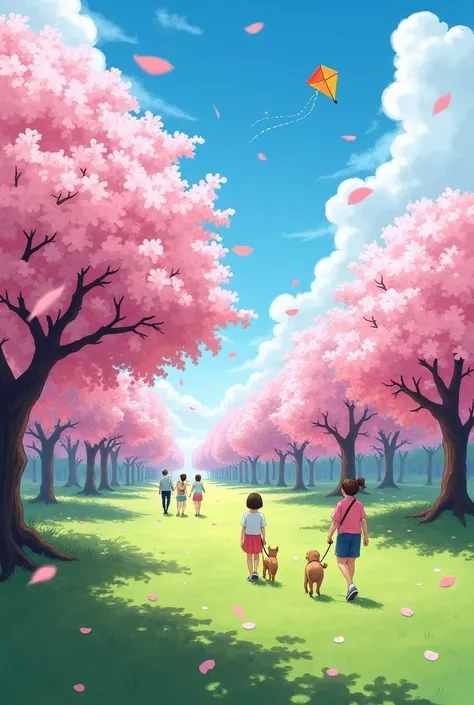 "A peaceful spring scene with cherry blossoms in full bloom, a gentle breeze blowing the petals through the air. A small park with people walking their dogs and ren flying kites. The sky is bright blue with soft clouds, and the ground is covered in fresh g...