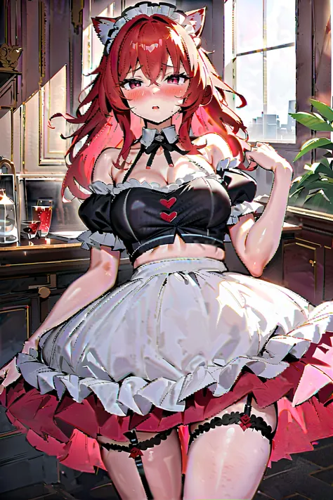 NSFW,masterpiece, best quality, high definition , Very detailed, girl,Cat ears, red hair,Estrus season,blush, maid outfit , crop top, off-shoulder , miniskirt, garter strap,Luxurious mansion,Office, Love Drops