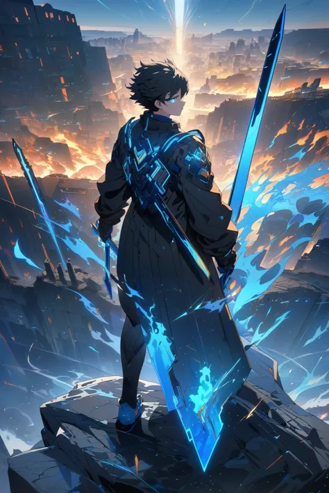 A tall young human man standing on a cliff, with a black simple  jacket having a neon blue outline on edges and two blue short swords on the back, holding a blue pixel weapon that can turn into any thing, one blue eye, one fiery red eye, frost and fire, st...