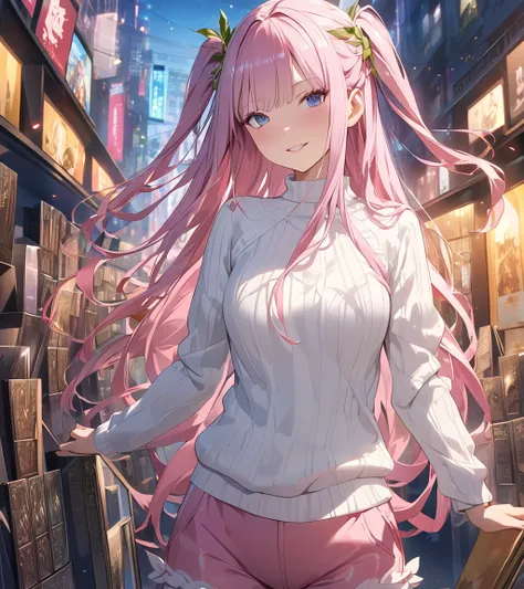 Anime style Re:Zero, beautiful woman who resembles Emilia, wearing a white sweater, pink shorts and black tights, with a night city in the background高解像度, chest, 最 High Quality ,  lens flare ,  dozens of awards,  HD Model,  High Quality ,  high detail, 最 H...