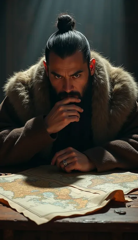 A dramatic, mysterious visual of Genghis Khan in a thoughtful pose, surrounded by maps and battle strategies, hinting at the surprising reason behind his hesitation.